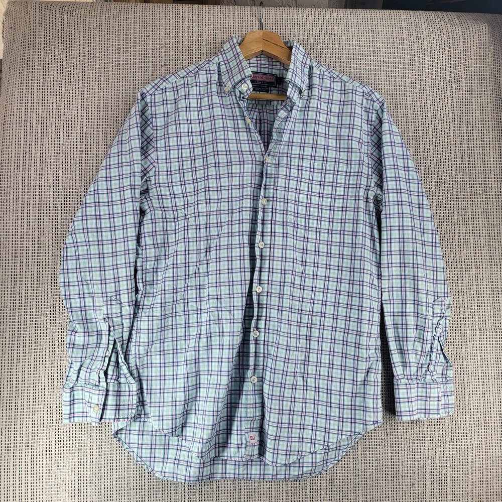 Vineyard Vines Shirt Mens Small Blue Pink‎ Green Plaid Murray Button Down Whale